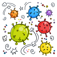 Immagini cartoonesca di vari Coronavirus e droplet colorati